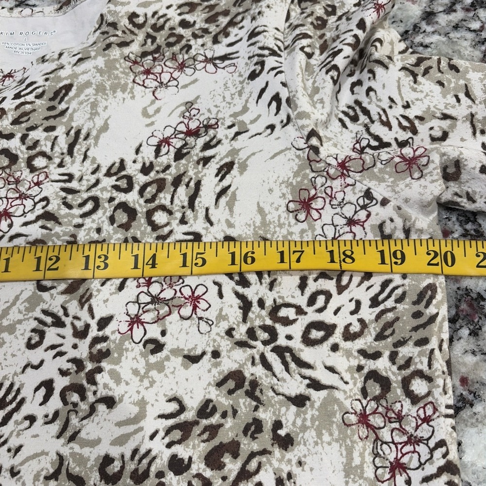 Kim Rogers Leopard Animal Print Floral Top Beige Brown 3/4 Sleeve Tee Size L - Picture 9 of 10